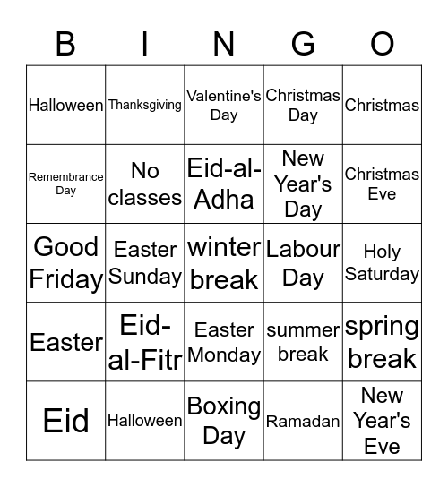 Muslim Holidays and more Holidays Bingo Card