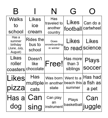 First Day Bingo Card