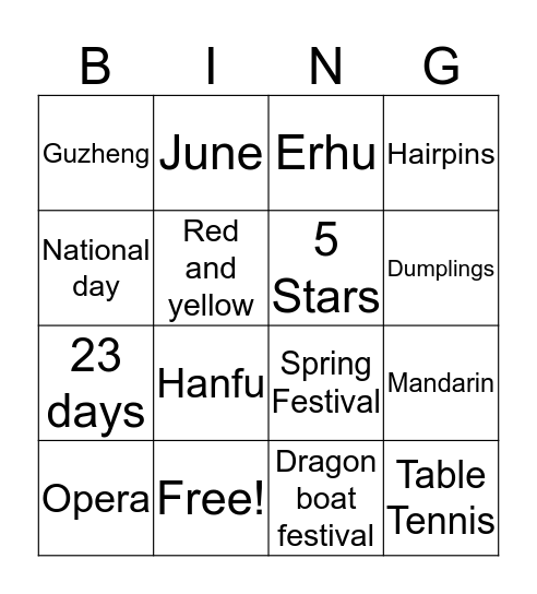 China Bingo Card