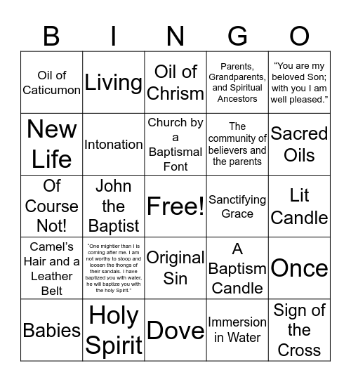 Baptism Bingo Card