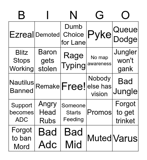 Watching Matt Play League Bingo Card