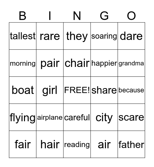 /air/ and /are/ words Bingo Card