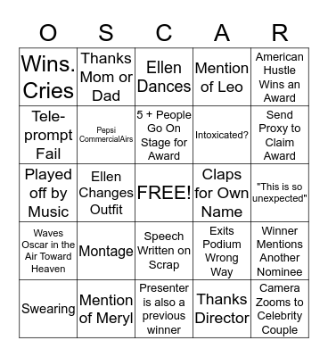 86th Academy Awards, 2014 Oscar Bingo Card