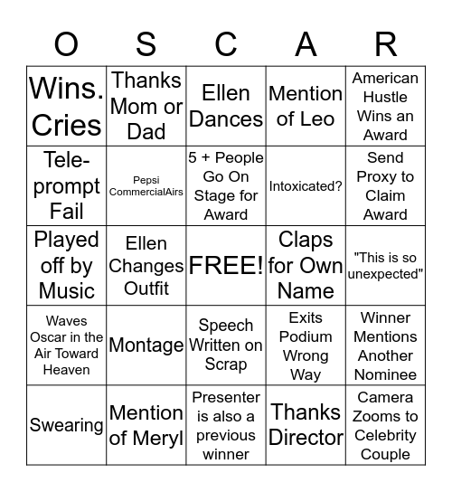 86th Academy Awards, 2014 Oscar Bingo Card