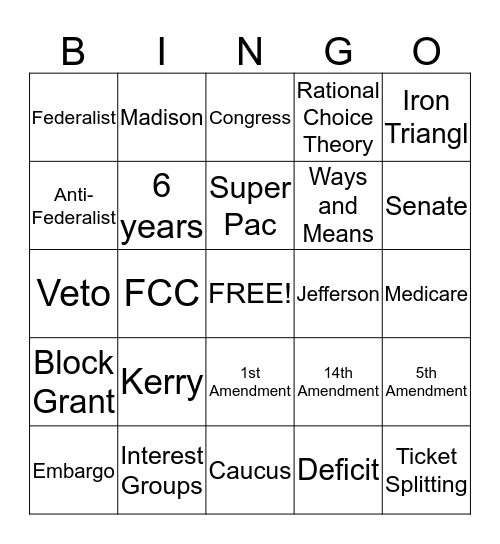 AP Government Bingo Card
