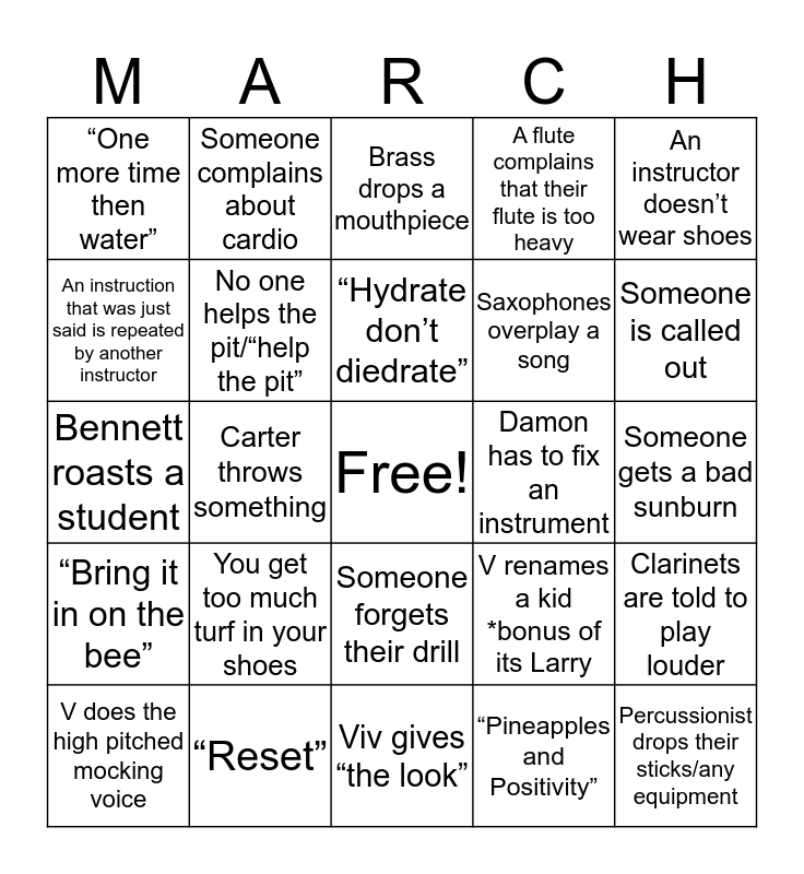 Band Camp Bingo 2019 Bingo Card