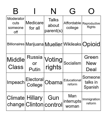 Democratic Debate Bingo Card