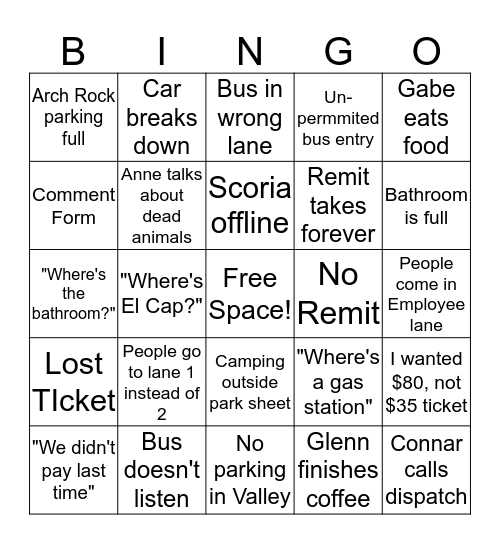 Arch Rock Bingo Card
