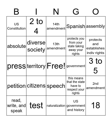 Citizenship/1st Amendment Bingo Card