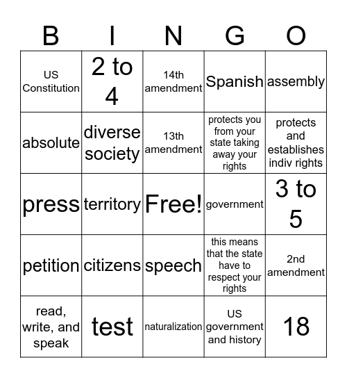 Citizenship/1st Amendment Bingo Card