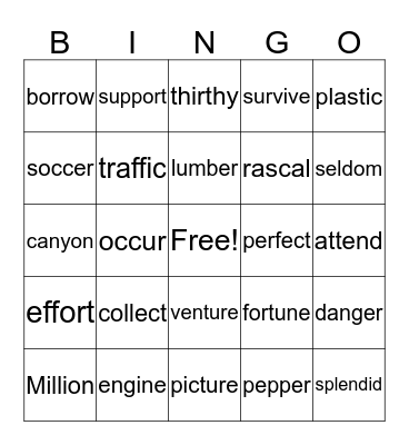 VCCV Pattern / List 20  Bingo Card