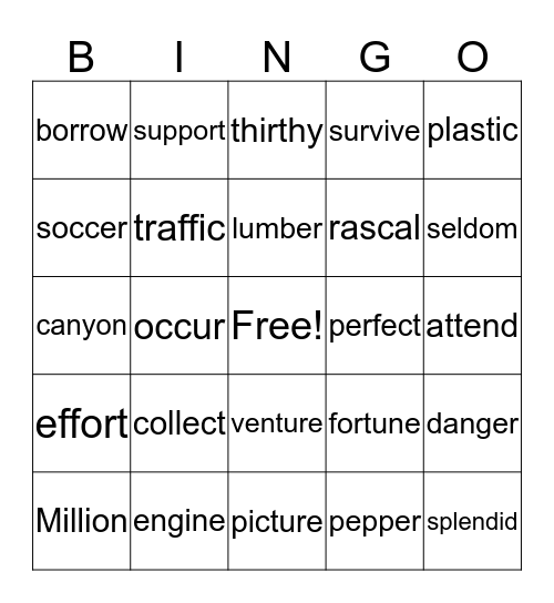 VCCV Pattern / List 20  Bingo Card