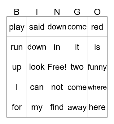 Pre K site Words Bingo Card