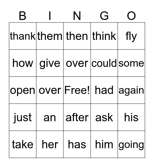 1st grade sight words Bingo Card