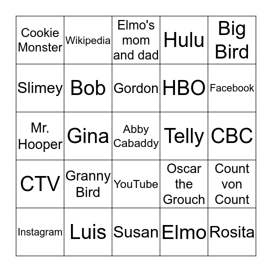 Sesame Street words Bingo Card