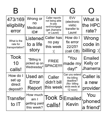MDA Support Calls Bingo Card
