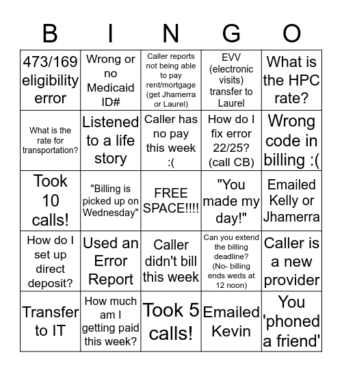 MDA Support Calls Bingo Card