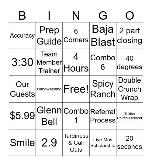 Taco Bell Trivia Bingo Card