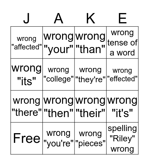 JAKE Bingo Card