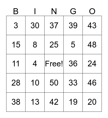 Maths Bingo Card