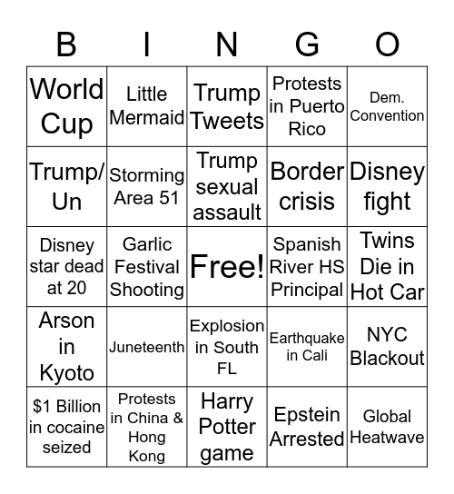 AICE EGP: Summer News Stories Bingo Card