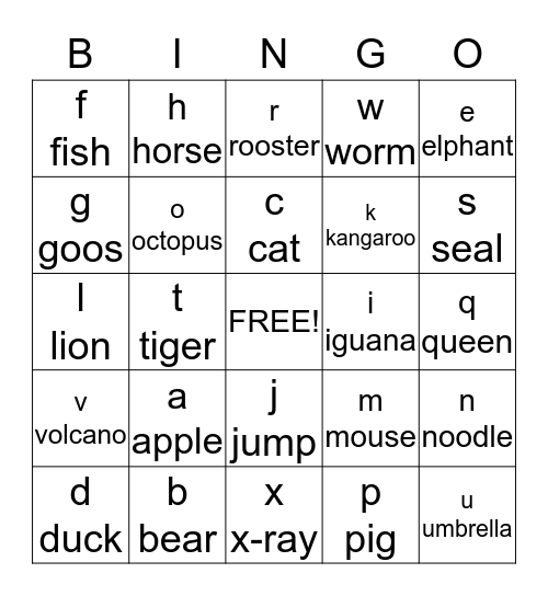 Kindergarten Alphabet Bingo Card
