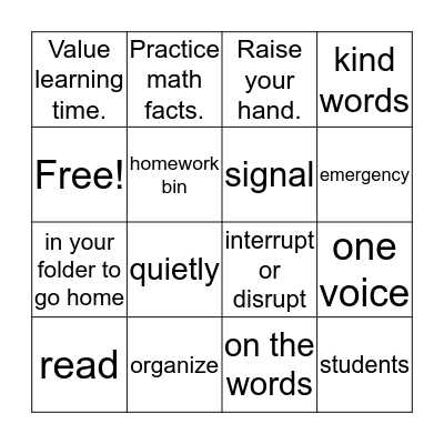 Beginning of the Year Bingo Card