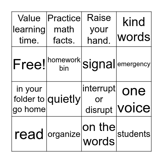 Beginning of the Year Bingo Card