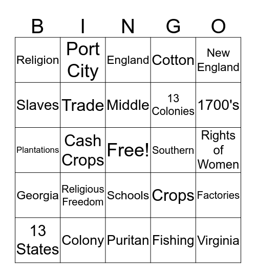 Early American Colonies Bingo Card
