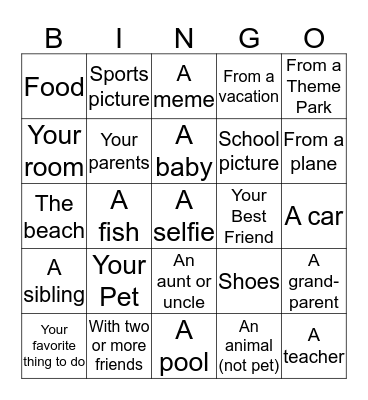 Cell Phone Picture Bingo Card