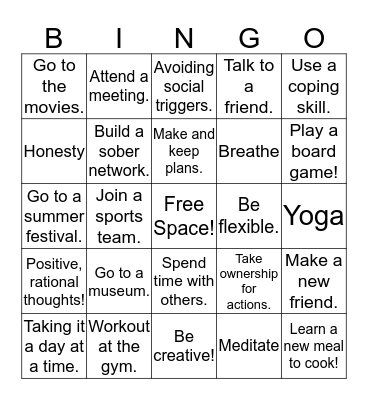 SOBER SUMMER BINGO Card