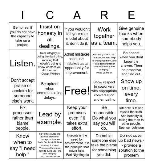 Integrity Bingo Card