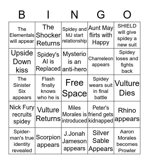 Spider-Man Bingo Card