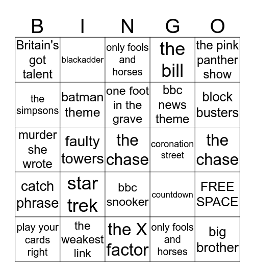 TV THEME TUNES Bingo Card