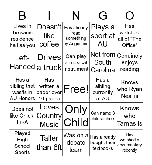 Honor's Bingo Card