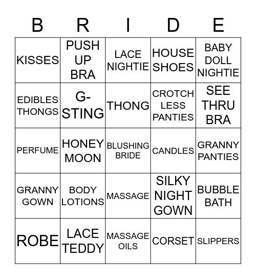 LINGERIE SHOWER Bingo Card