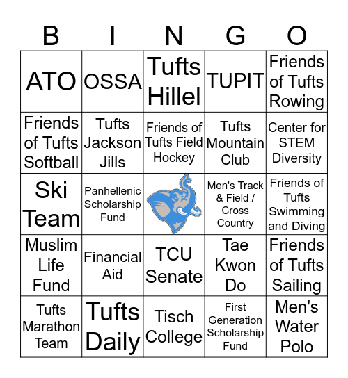 Tufts Student Giving Bingo Card