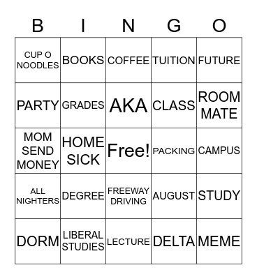 College Bingo Card