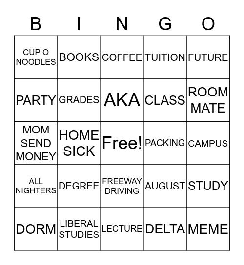 College Bingo Card