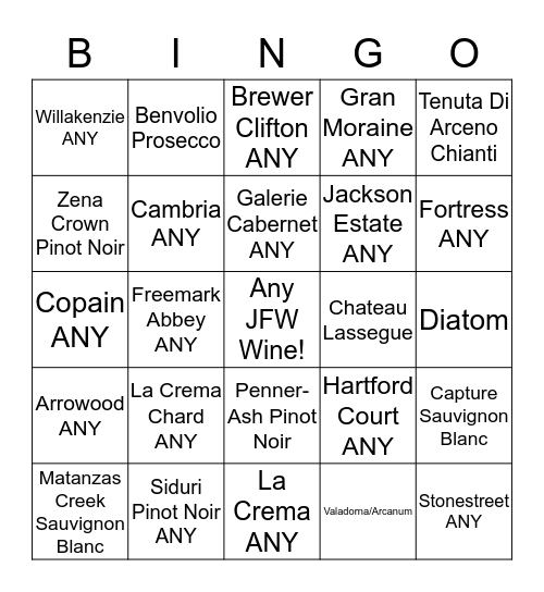 Buyer's Bingo featuring Jackson Family Wines Bingo Card