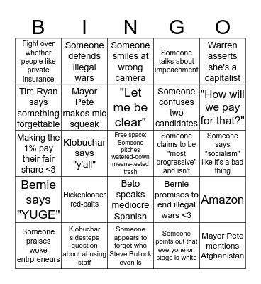 Philly DSA Democratic Debate Watch Bingo, 7/30/19 Bingo Card