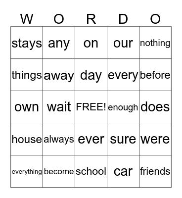 100 WORD CHALLENGE Bingo Card