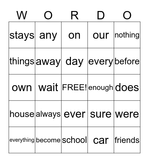 100 WORD CHALLENGE Bingo Card