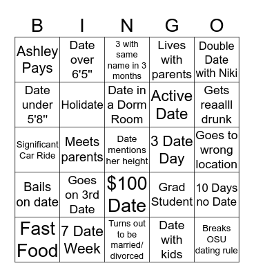 Ashley Dating Bingo Card