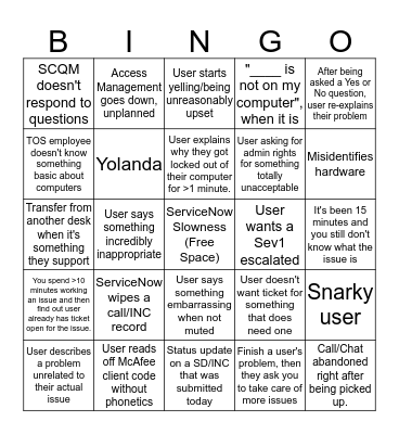 ITSC Call Bingo Card