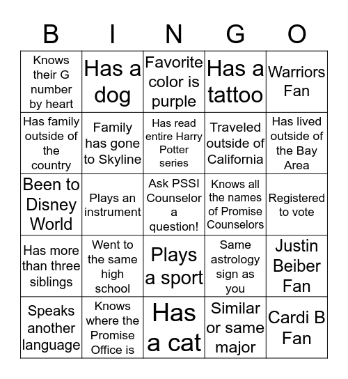 Promise Scholars Summer Institute (PSSI) Bingo Card