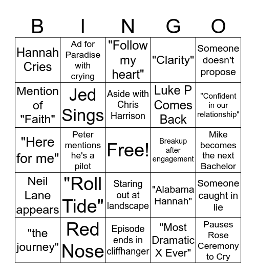 Bachelorette Bingo Card