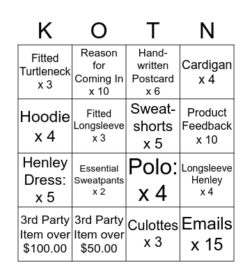 Kotn Bingo 2 Bingo Card