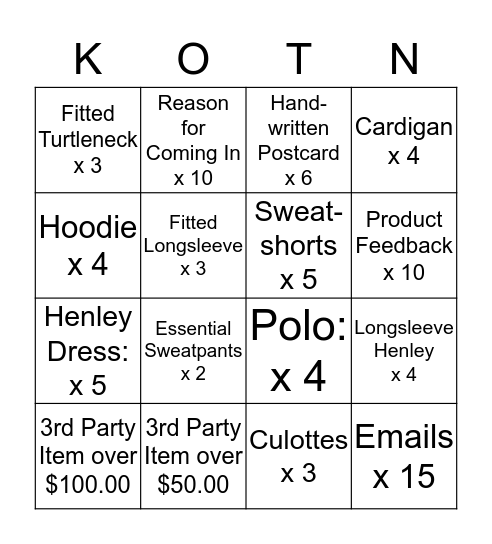 Kotn Bingo 2 Bingo Card