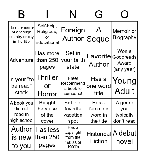 Forrest Heels Book Club 2019-2020 BINGO Challenge Bingo Card